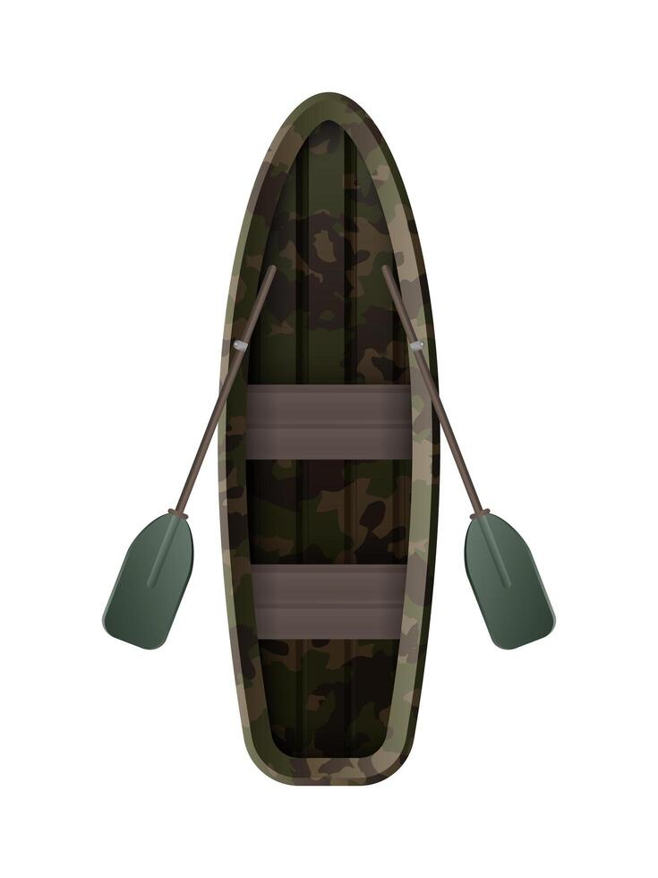A boat with oars for fishing and tourism in hakki color. View from above. For kayaking and rowing. Realistic style. illustration isolated on white background. vector