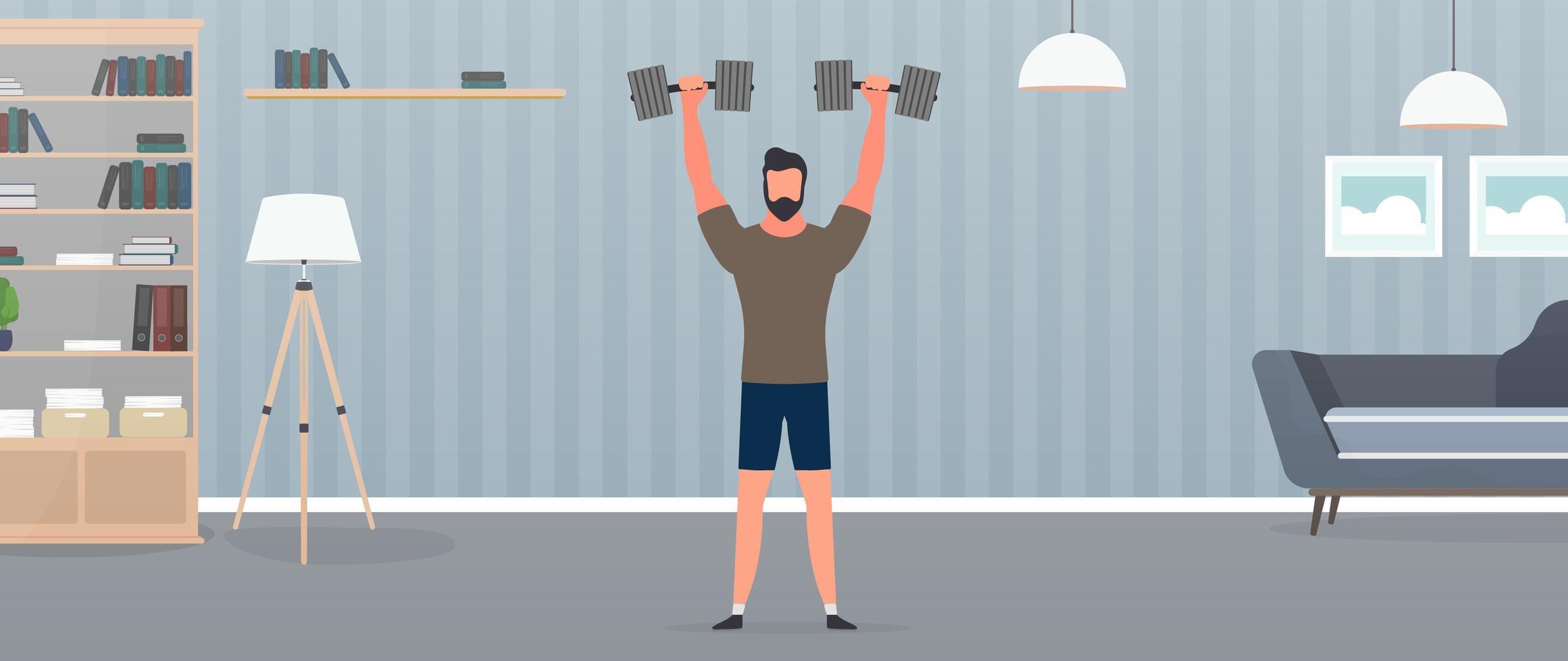 Spotsman with dumbbells. A man lifts dumbbells up. The concept of sport and healthy lifestyle. Vector. vector