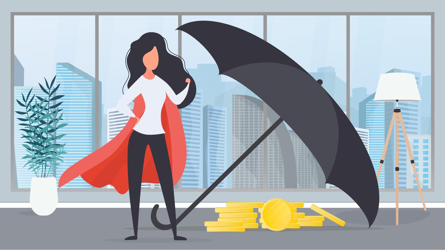 Girl with a red cloak. The umbrella covers a mountain of gold coins. Business and finance safety concept. . vector