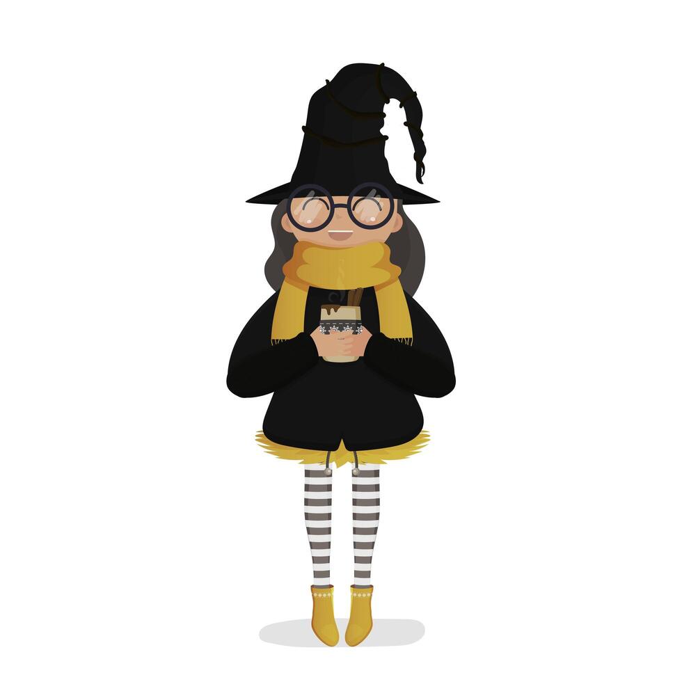 Cute witch with mulled wine. Girl in black suit and hat holding a cup with hot drink. Halloween concept. Vector. Isolated. vector