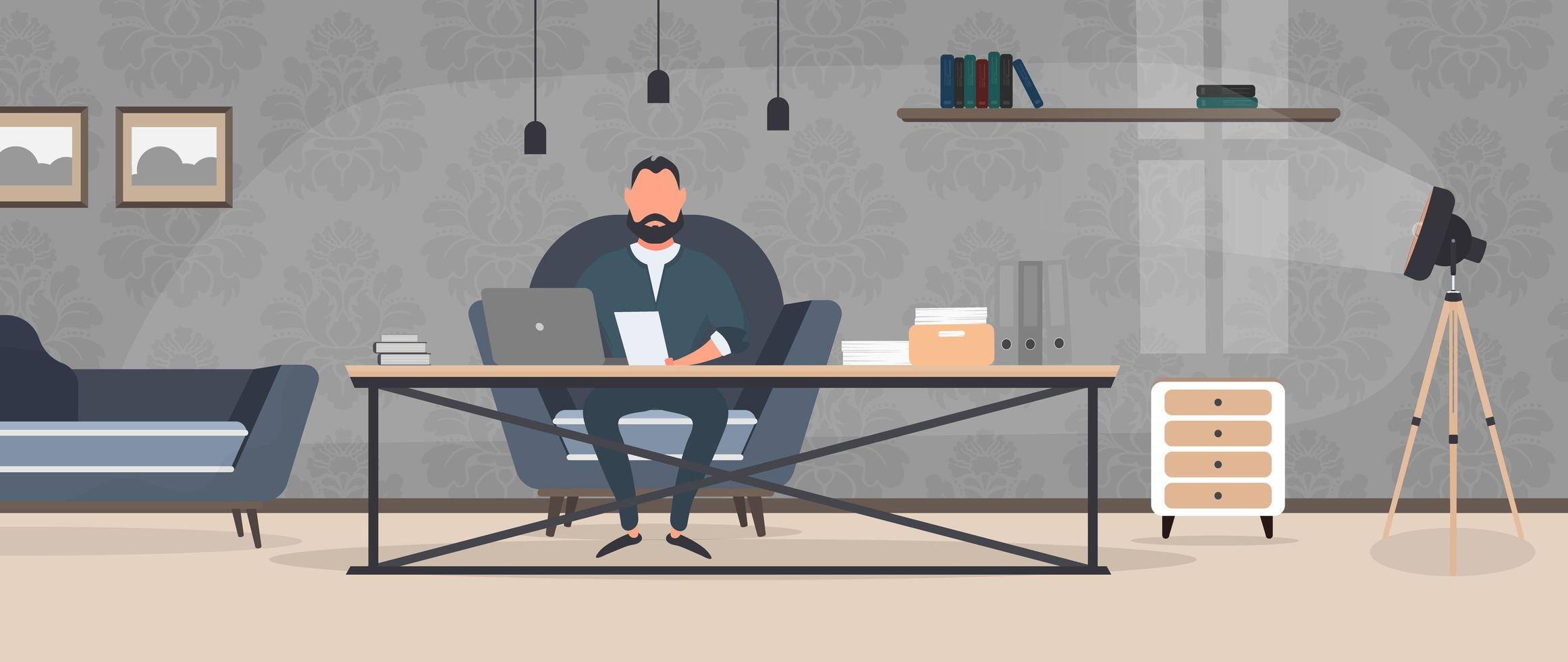 A guy with glasses sits at a table in his office. A man works on a laptop. Office, sofa, bookshelf, business man, floor lamp. Office work concept. Vector. vector