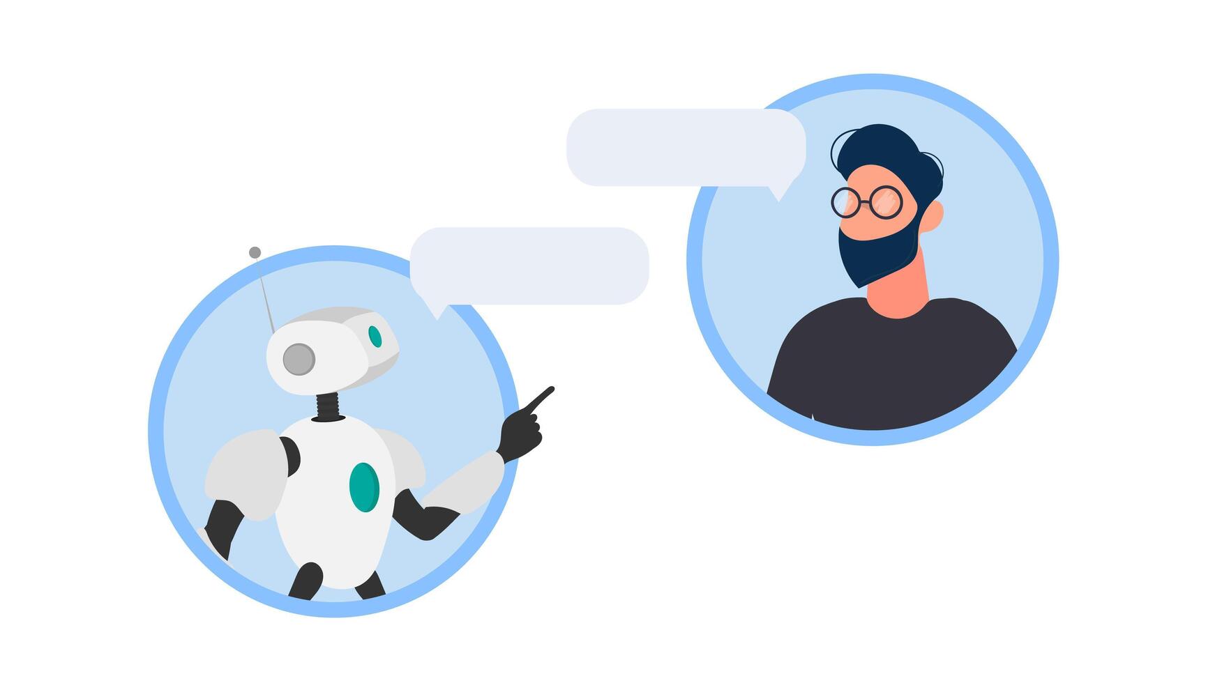 Online shopping banner. A robot in dialogue with a guy. Suitable for apps, sites and topics related to automatic replies and artificial intelligence. . vector