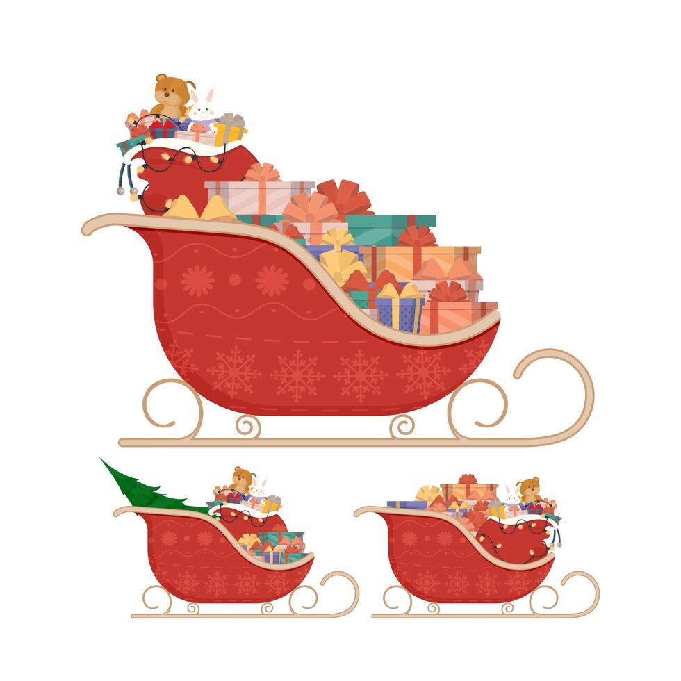 Red sleds of Santa Claus with gifts. Vector illustration isolated on white background. Cartoon style design. Set.