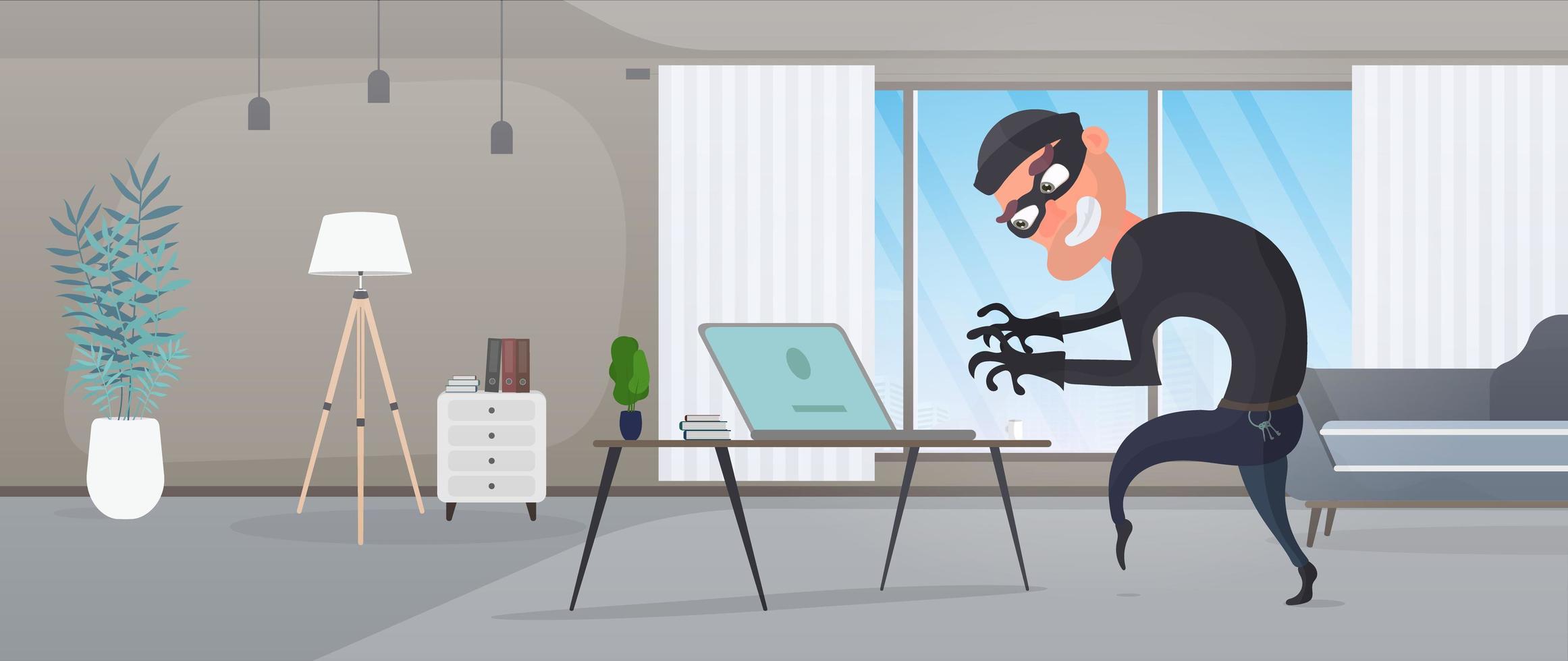 ladrón en la casa. un ladrón roba datos de una computadora portátil. concepto de seguridad. ladrón robando un apartamento. un ladrón robó una casa. estilo plano. ilustración vectorial. vector