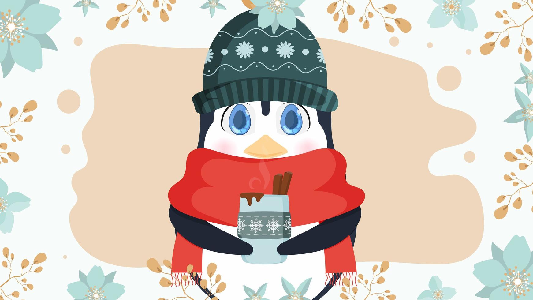 A little cute penguin in a winter hat and a scarf holds a hot drink in his hands. Knitted hat, red scarf, hot, winter drink, coffee or latte. Vector. Ready postcard vector