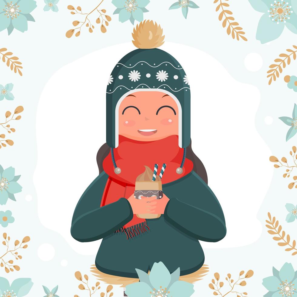 A girl in warm winter clothes holds a cup with a hot drink in her hands. Ready card with flowers. Vector