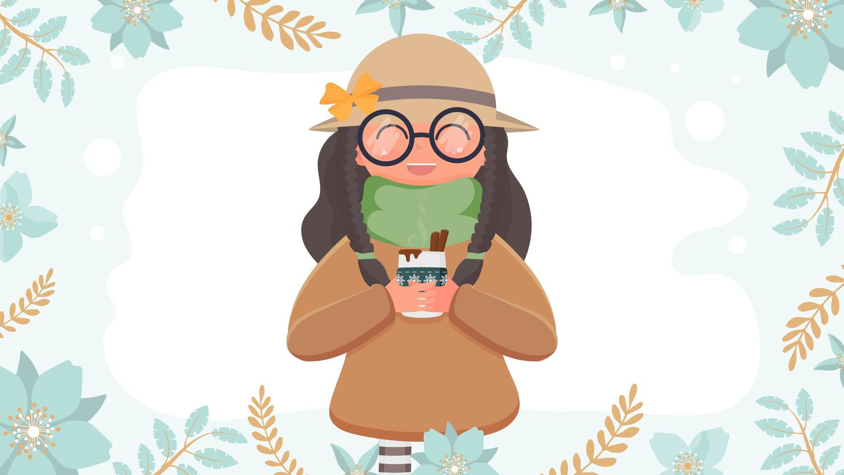 A cute girl in a hat and glasses holds a cup with a hot drink. Suitable for the design of postcards and books. Vector