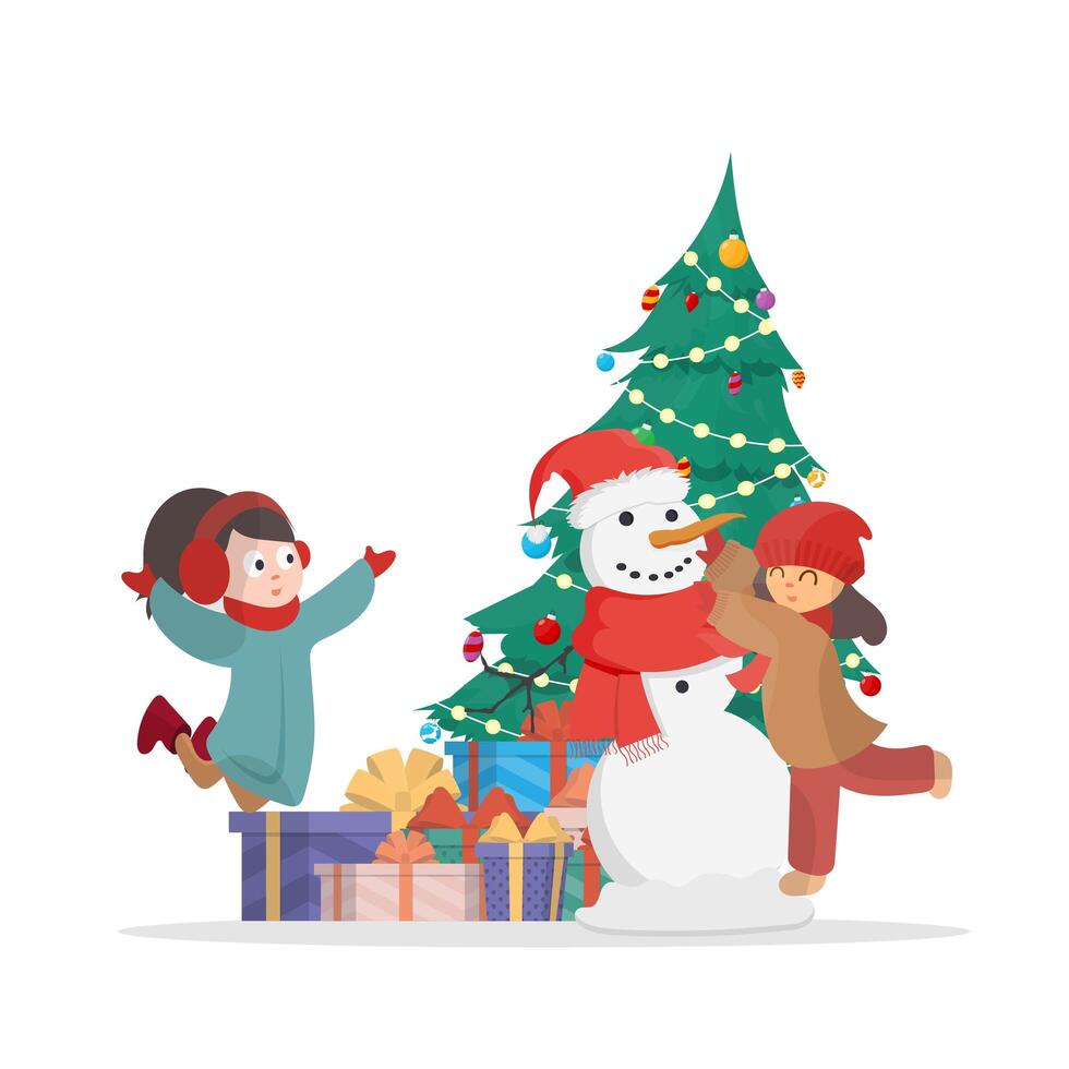 niños esculpiendo un muñeco de nieve en el fondo de un árbol de Navidad y regalos. niños esculpiendo un muñeco de nieve en el fondo de un árbol de Navidad y regalos.