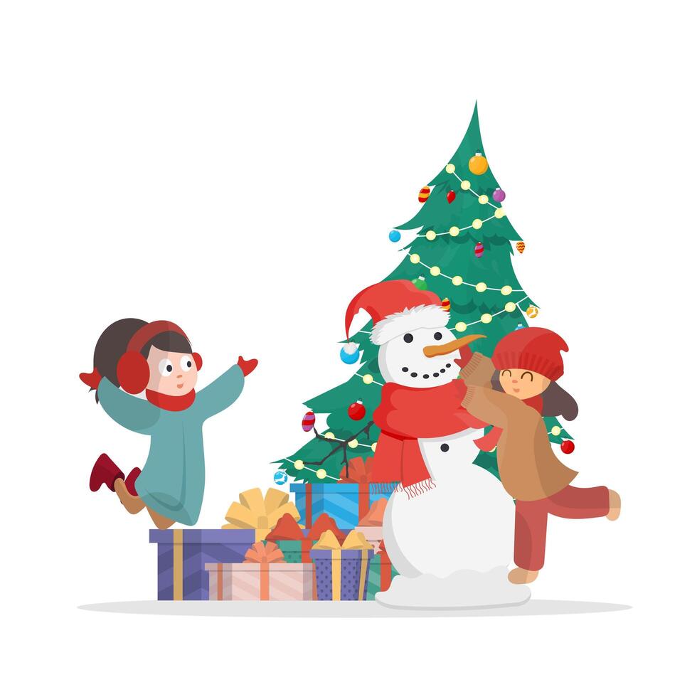 niños esculpiendo un muñeco de nieve en el fondo de un árbol de Navidad y regalos. muñeco de nieve, niña con ropa de abrigo de invierno. aislado sobre fondo blanco. dibujos animados, vector