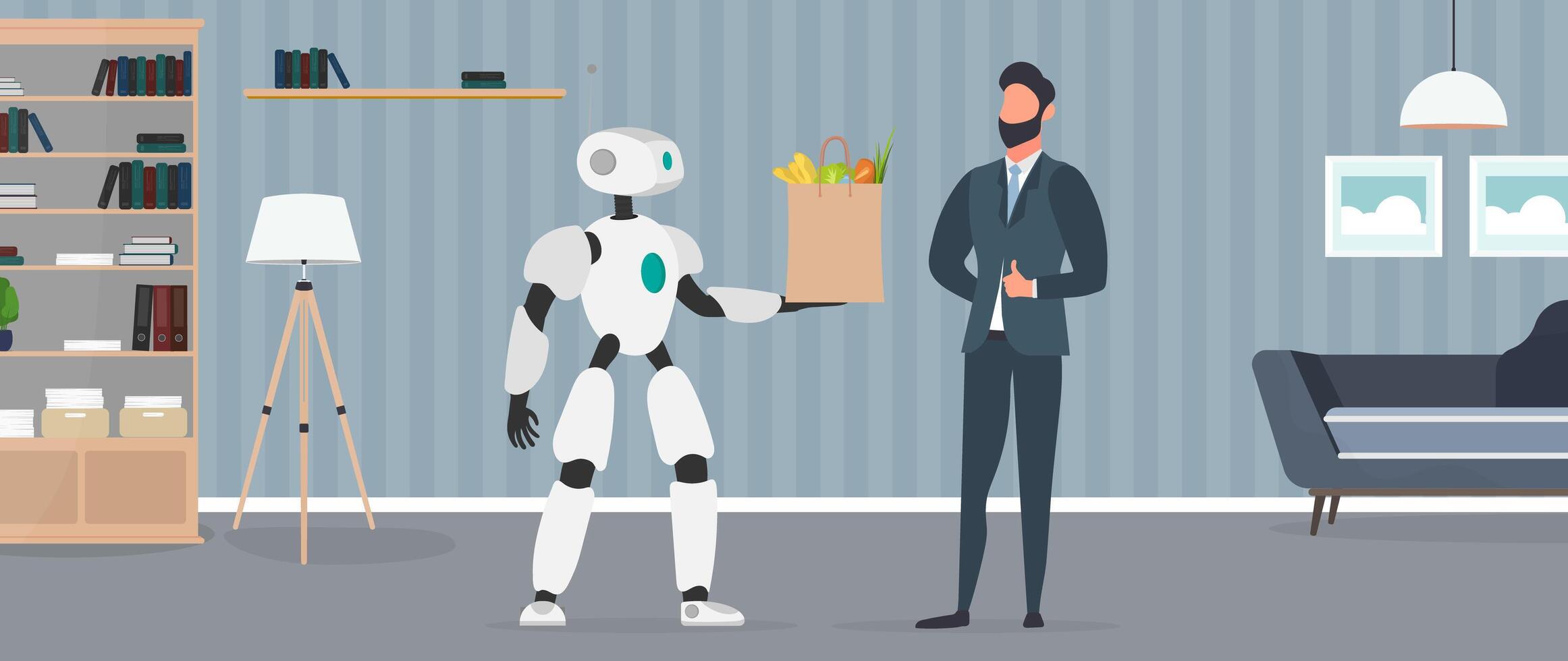 The robot holds a bag with groceries in its hands. Food delivery by robots. Businessman showing thumb up. Future delivery concept. Online shopping. . vector