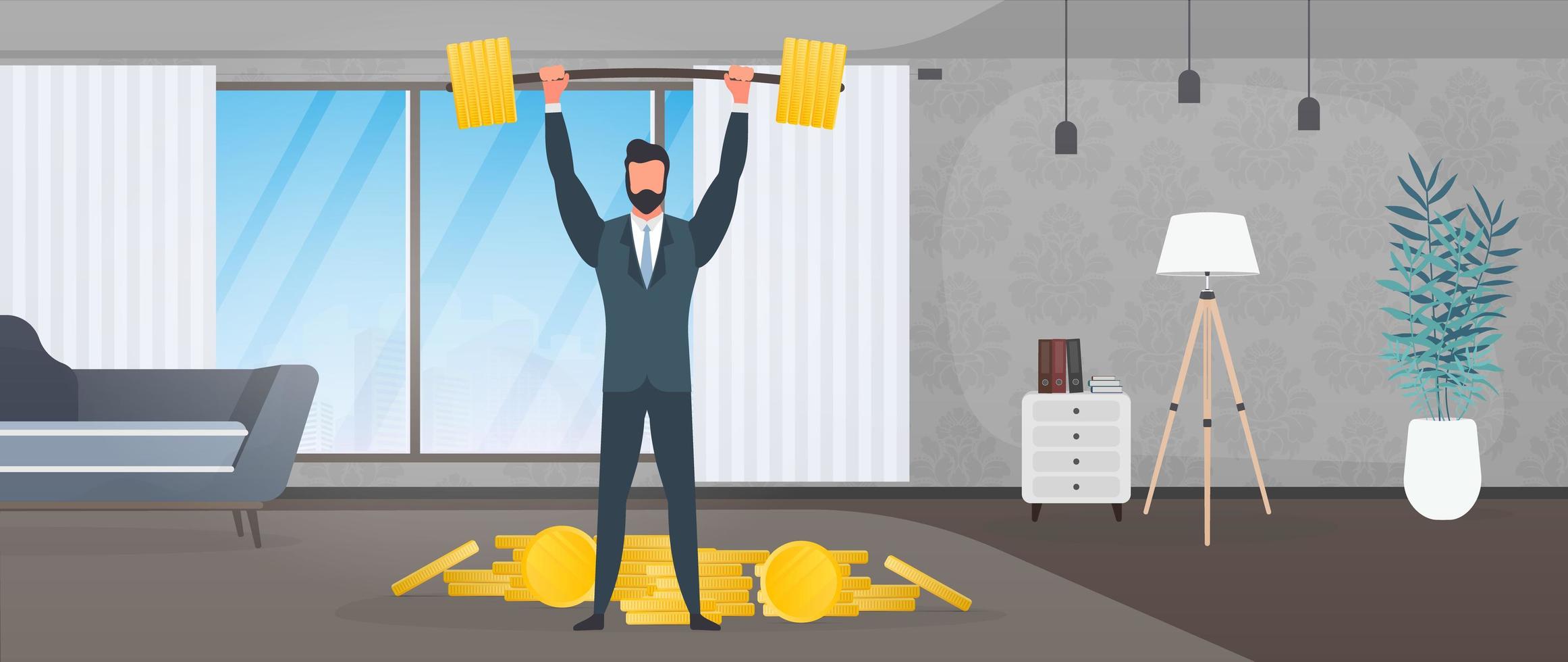 A businessman in a business suit raises a barbell. The man in the office raises the barbell. Successful business concept. Vector. vector