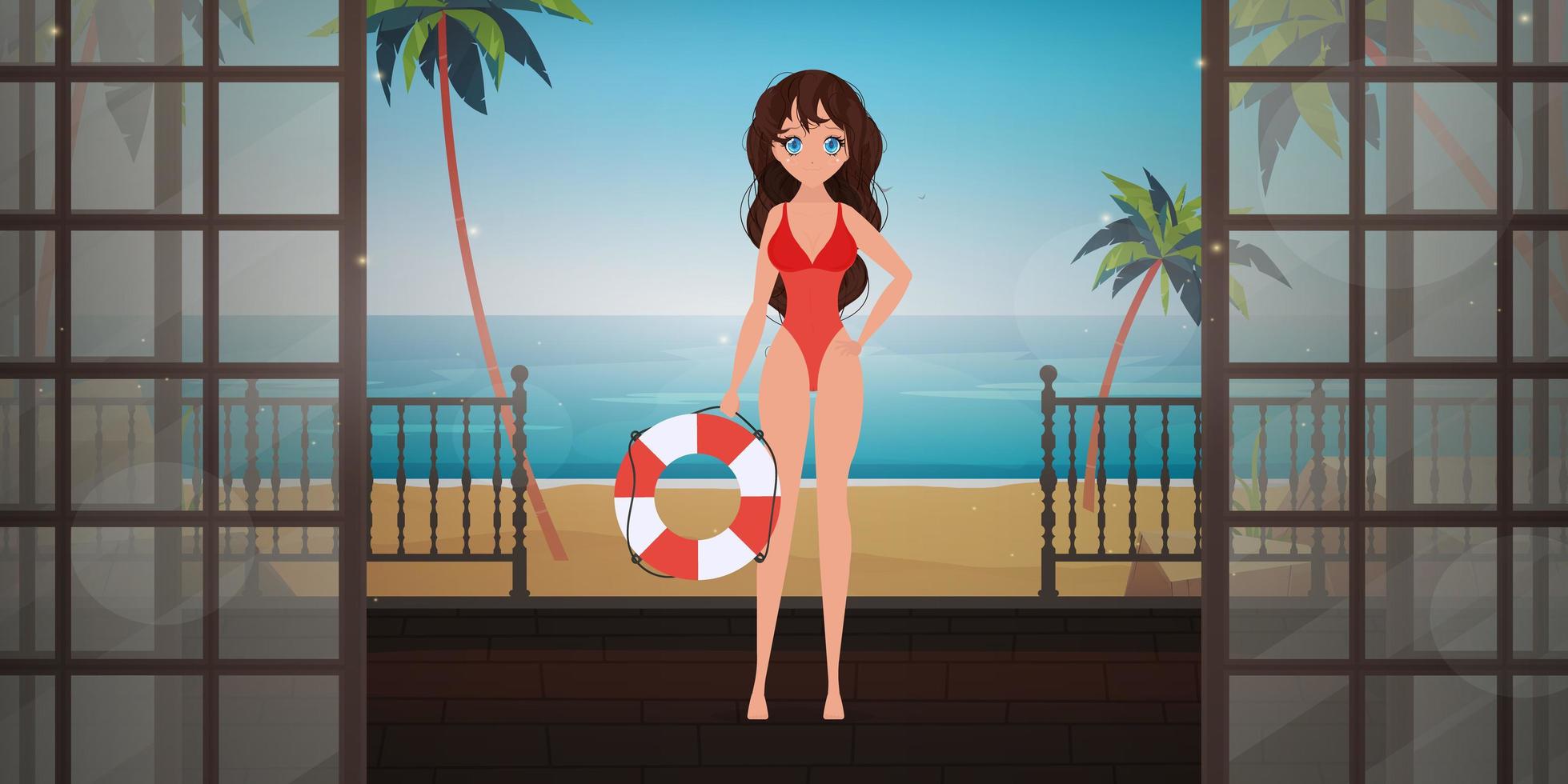 mujer salvavidas en la playa en la terraza de la villa con vistas a la playa. estilo de dibujos animados. ilustración vectorial. vector