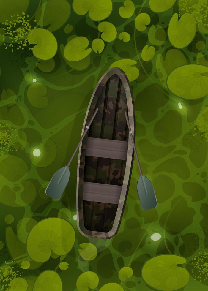 A boat with paddles and oars floating in a pond vector