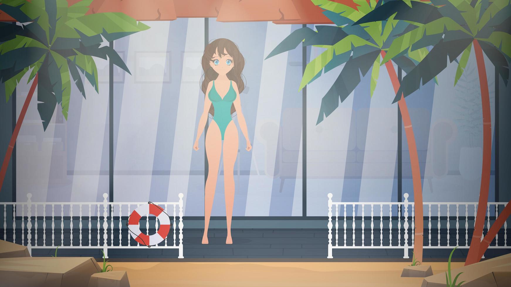 A girl in a swimsuit poses on the veranda of the villa. Anime woman in beach suit on the beach. Cartoon style, vector illustration.