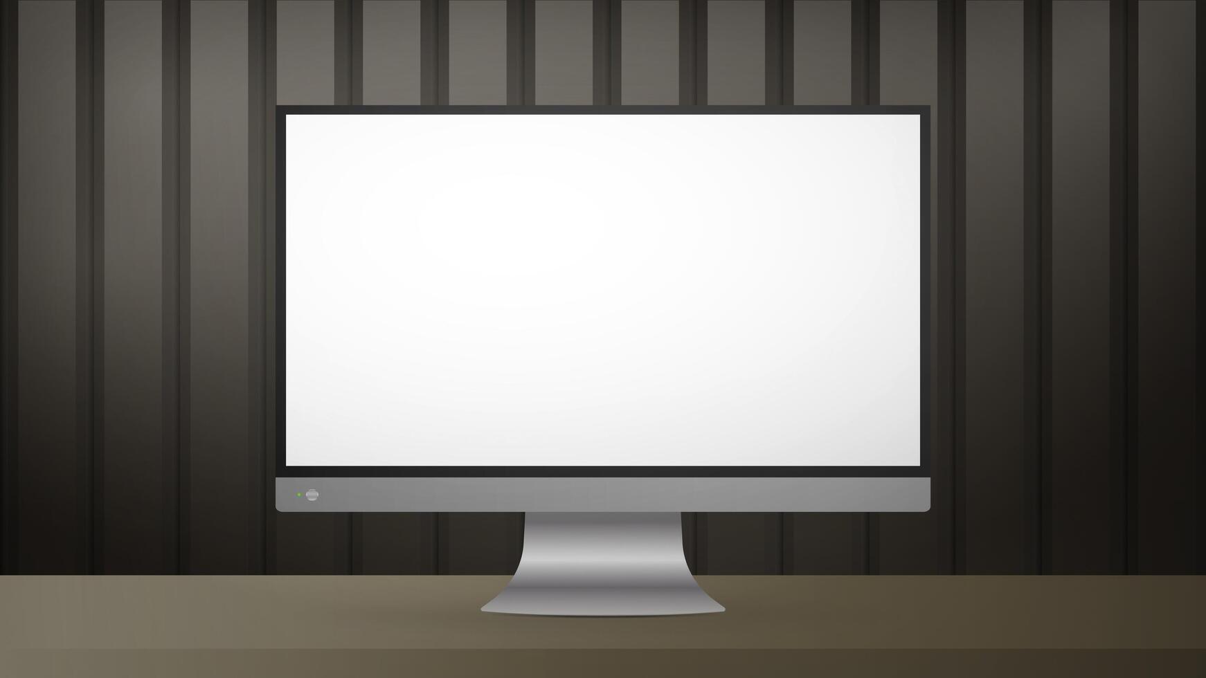 A monitor with a white screen sits on a table. Striped brown realistic poster Background with metal or glossy wood. Realistic . vector