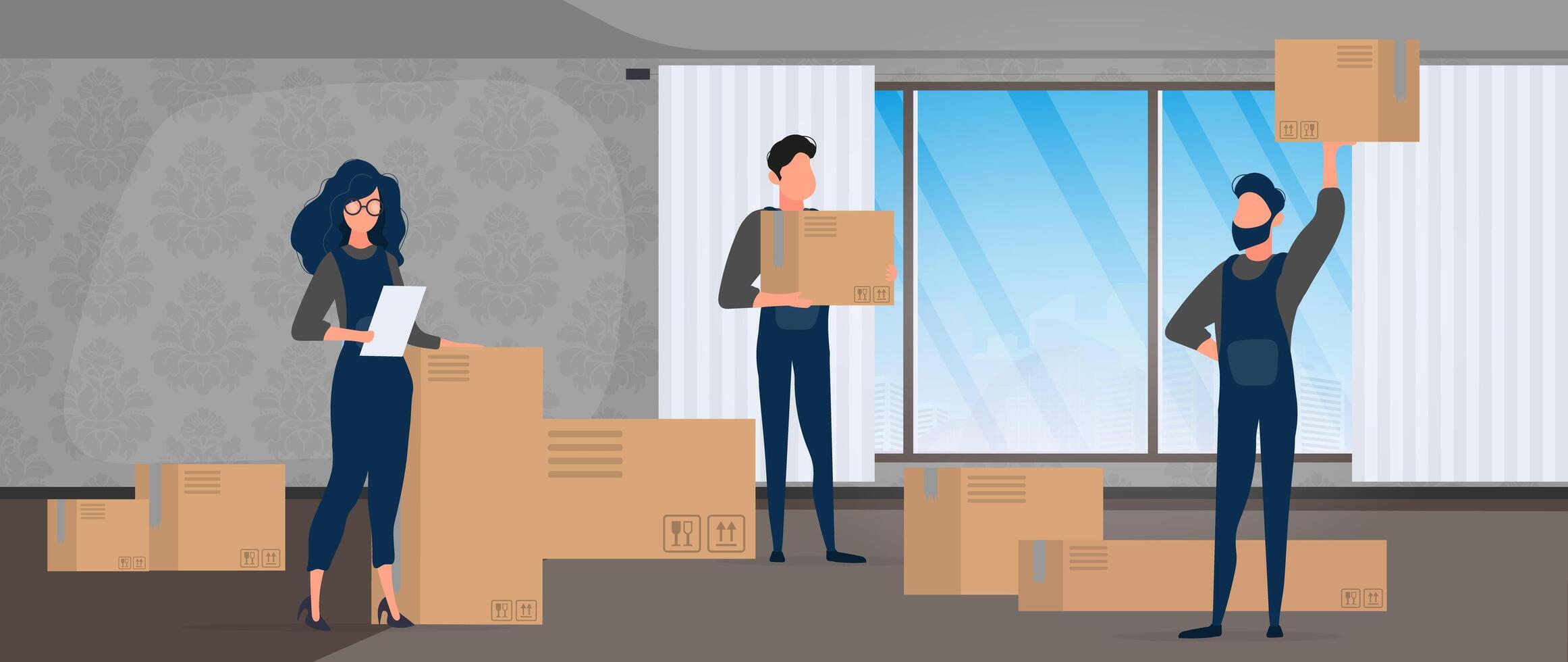 Moving home. Office relocation to a new location. Movers carry boxes. The concept of transportation and delivery of goods. Vector. vector