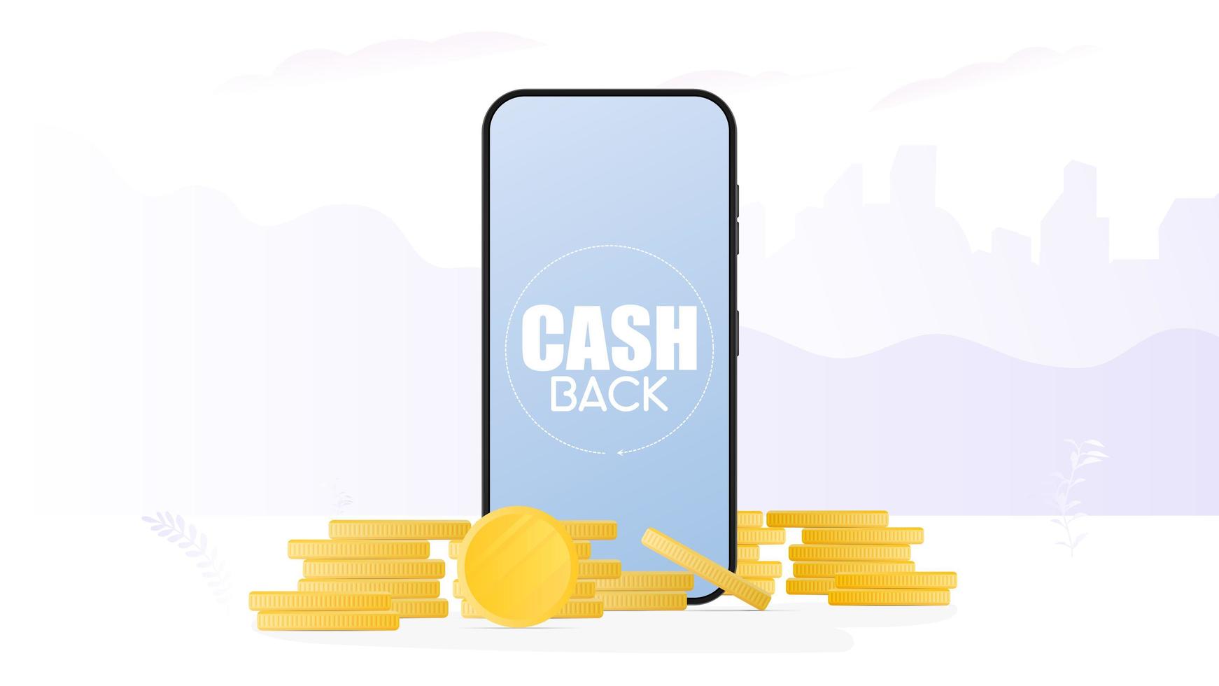 Cashback banner. Realistic phone and gold coins. Modern smartphone. Vector. vector