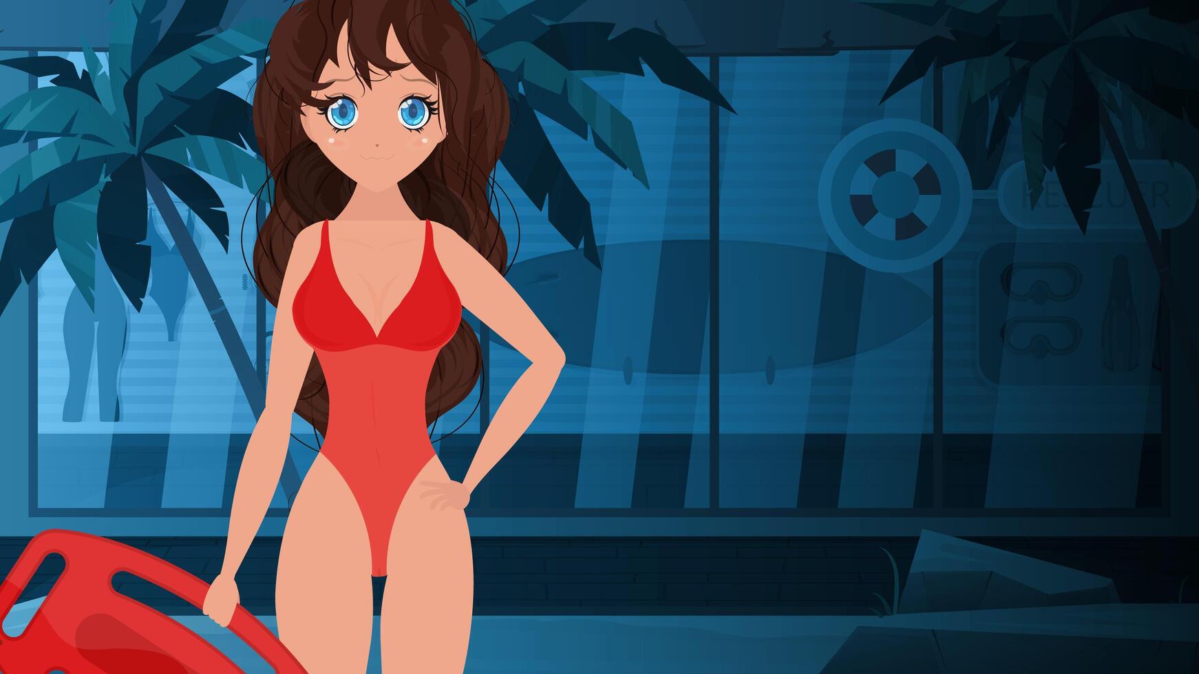 A cartoon girl in a red swimsuit standing next to a red car vector
