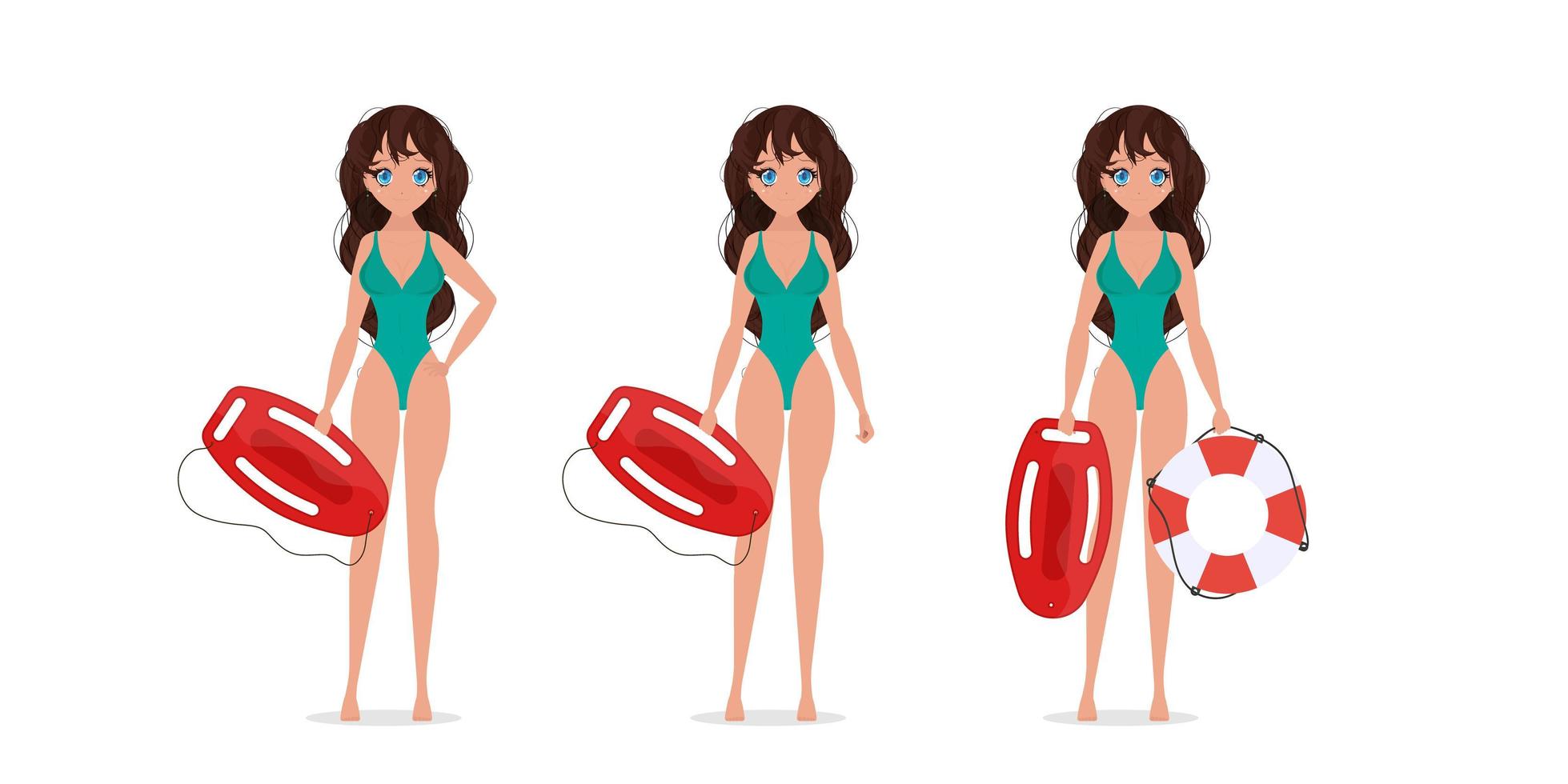 Set of women lifeguard. Beach lifeguard girl in a swimsuit. vector