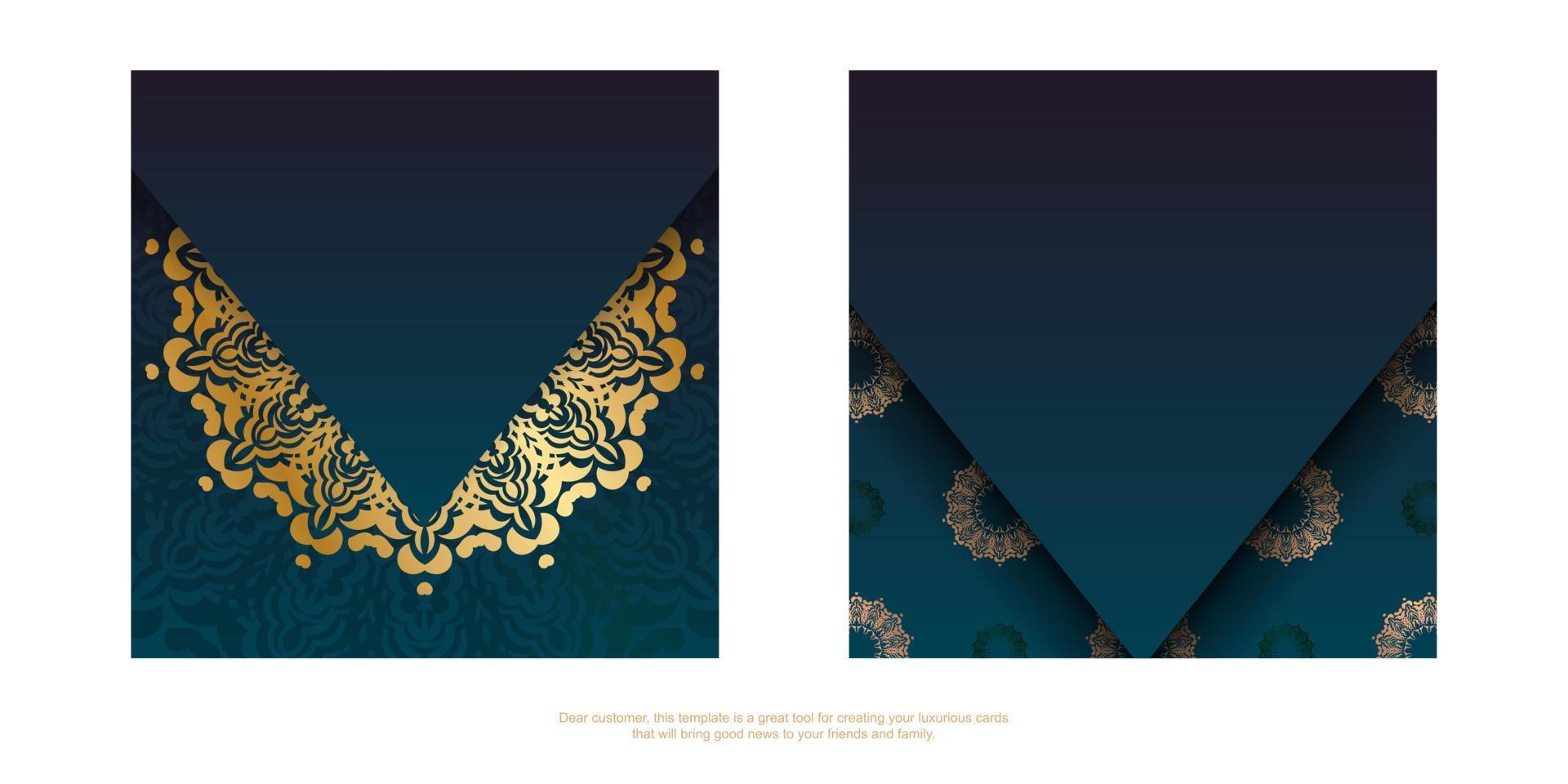 tarjeta de felicitación de plantilla con un degradado de color azul con un adorno de mandala dorado preparada para imprimir. vector