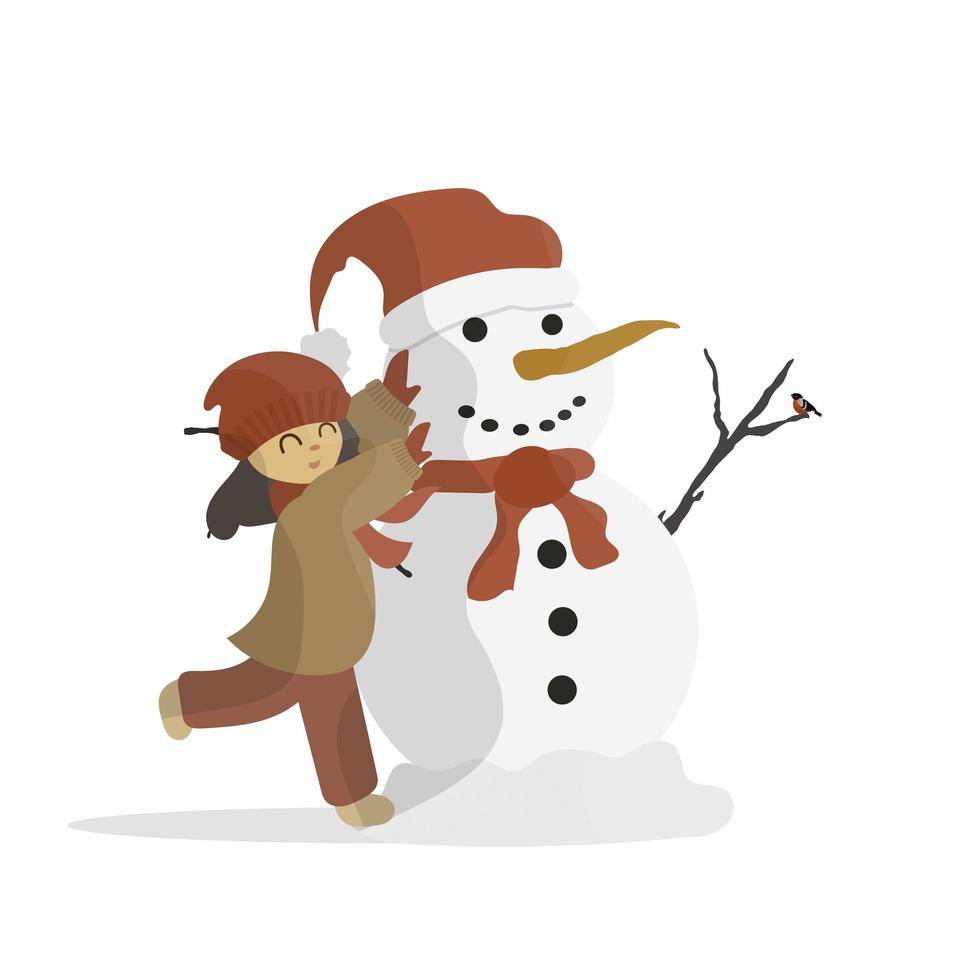 The girl makes a snowman. Snowman, girl in warm winter clothes. Isolated. Cartoon, vector illustration.