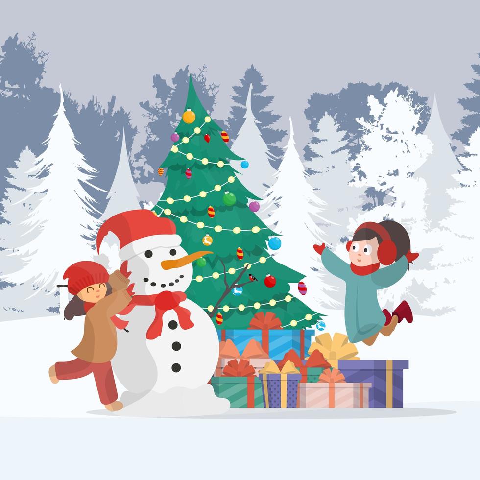 Children make a snowman in a snowy forest. Snowman, girl in warm winter clothes. Cartoon, vector illustration.