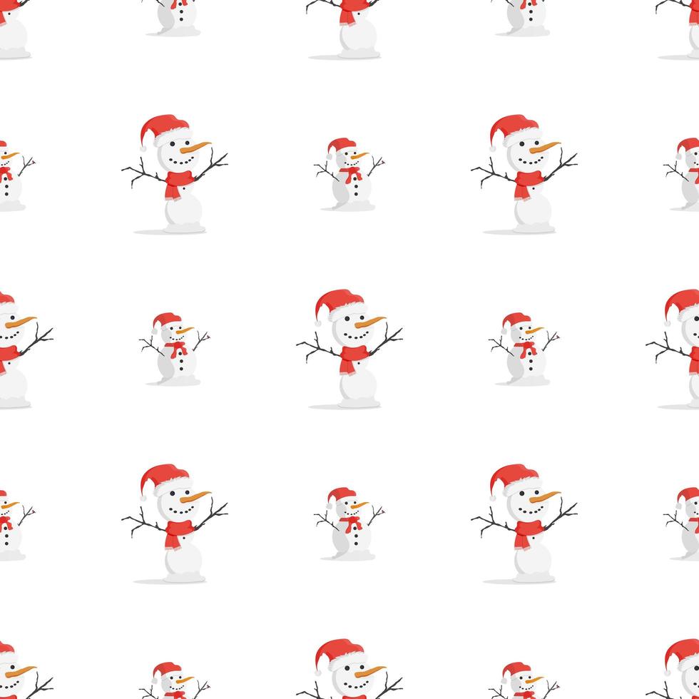 Seamless pattern with a snowman in a red hat and scarf. Suitable for postcards, backgrounds and posters. Vector illustration.
