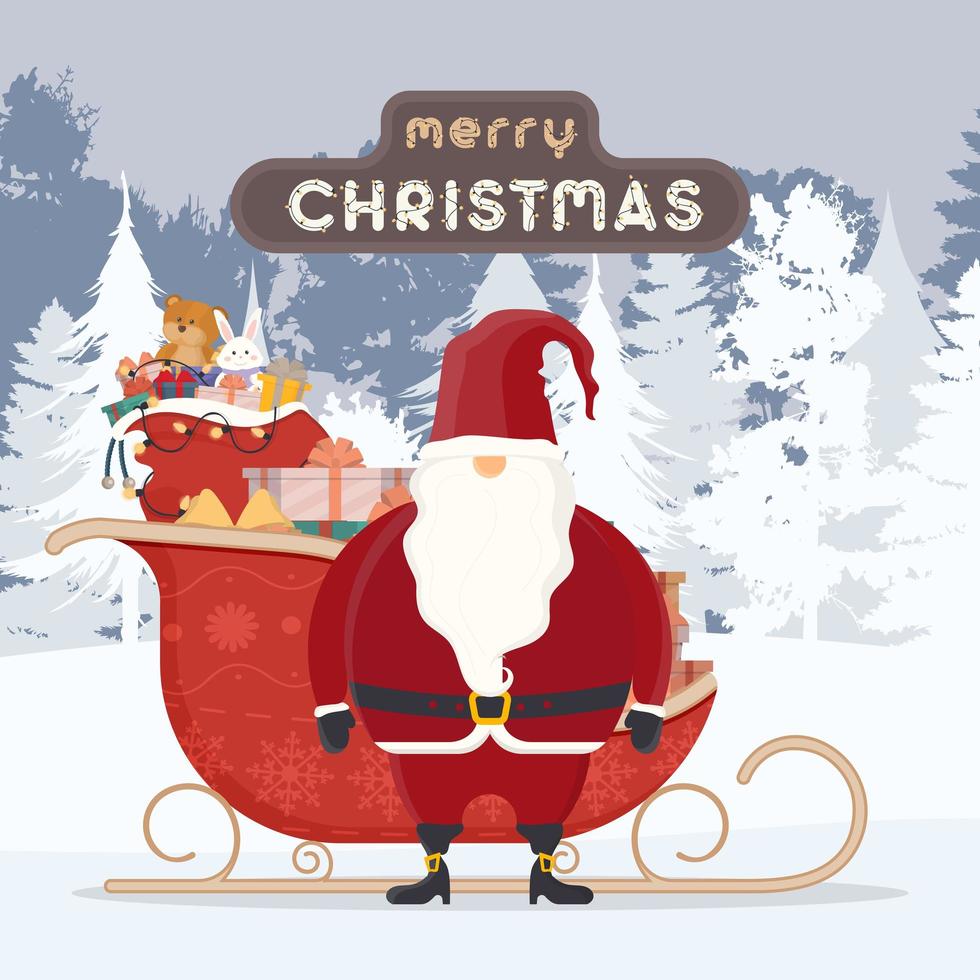 Merry christmas postcard. Santa claus with red sleds. Vector illustration, Cartoon style for design.