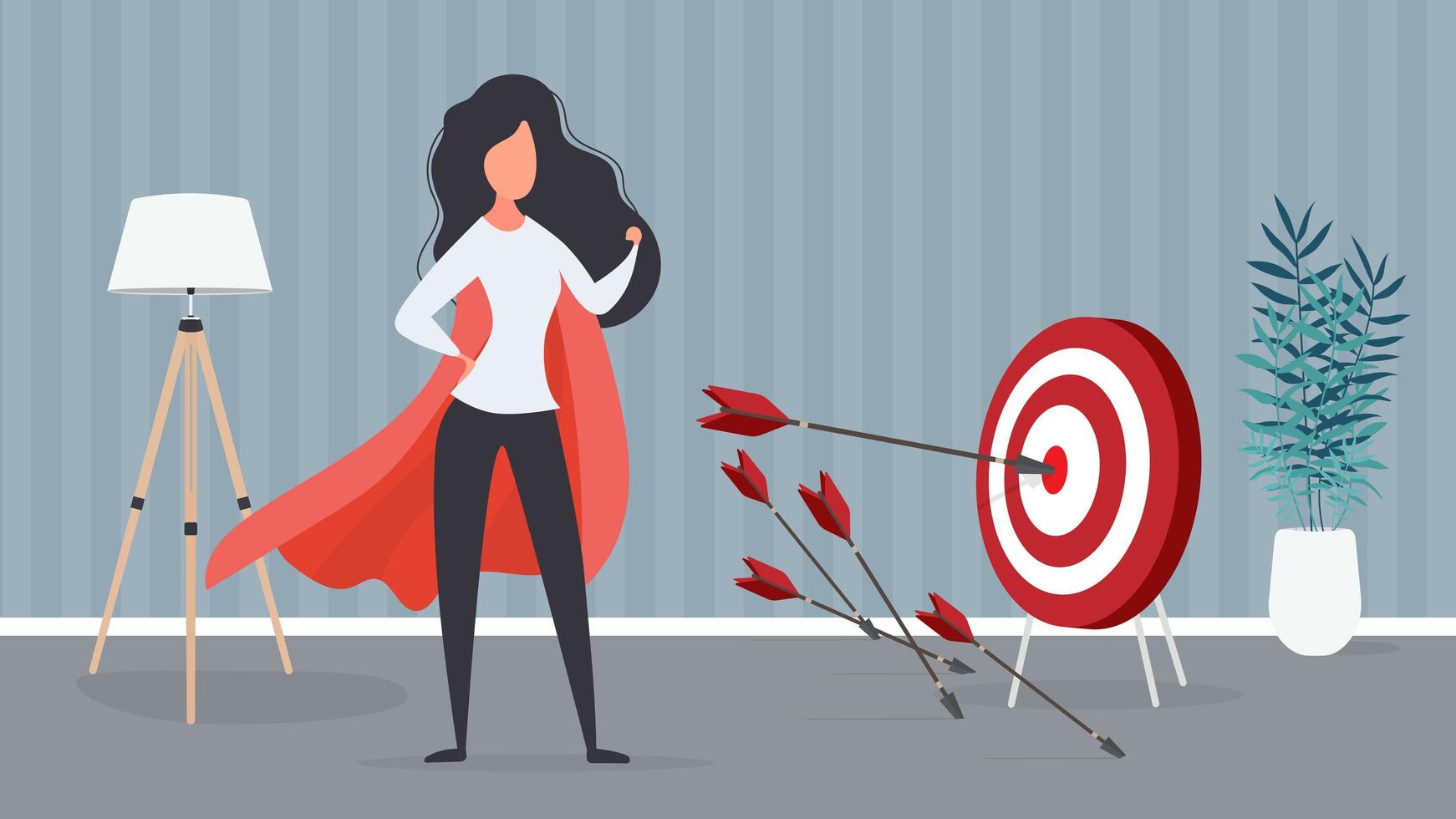 The girl with the red cloak hits the target. Big target. An arrow hitting the center of the target. Superhero woman. Vector. vector