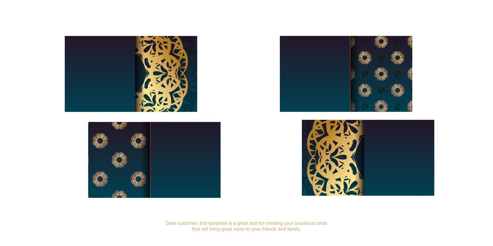 tarjeta de visita azul degradado con lujosos adornos dorados para su marca. vector