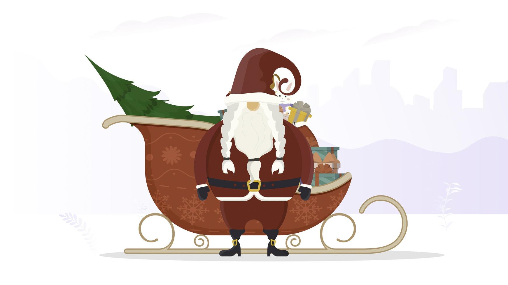 Santa claus with red sleds. Sleds, gifts, new year and christmas concept. Vector illustration, cartoon style design.