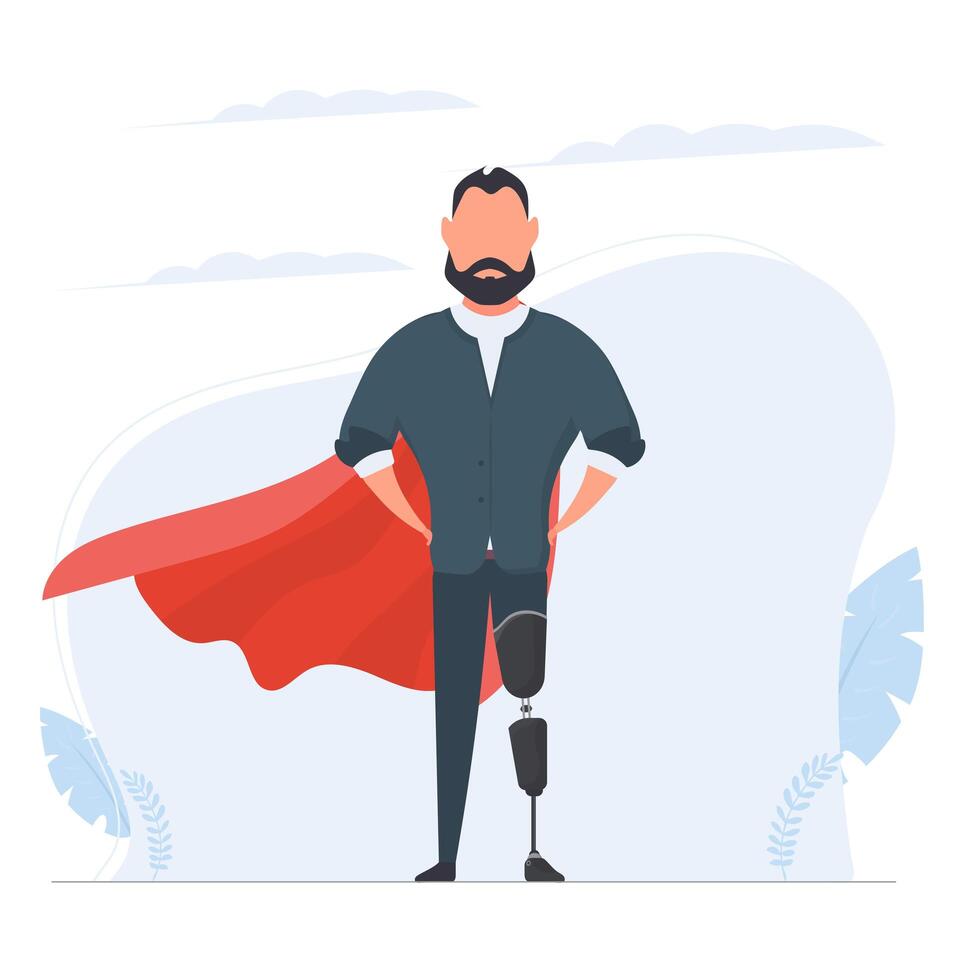 A man with a prosthetic leg in a business suit and a red cloak. Guy with a leg implant. The concept of human recovery through robotization. . vector