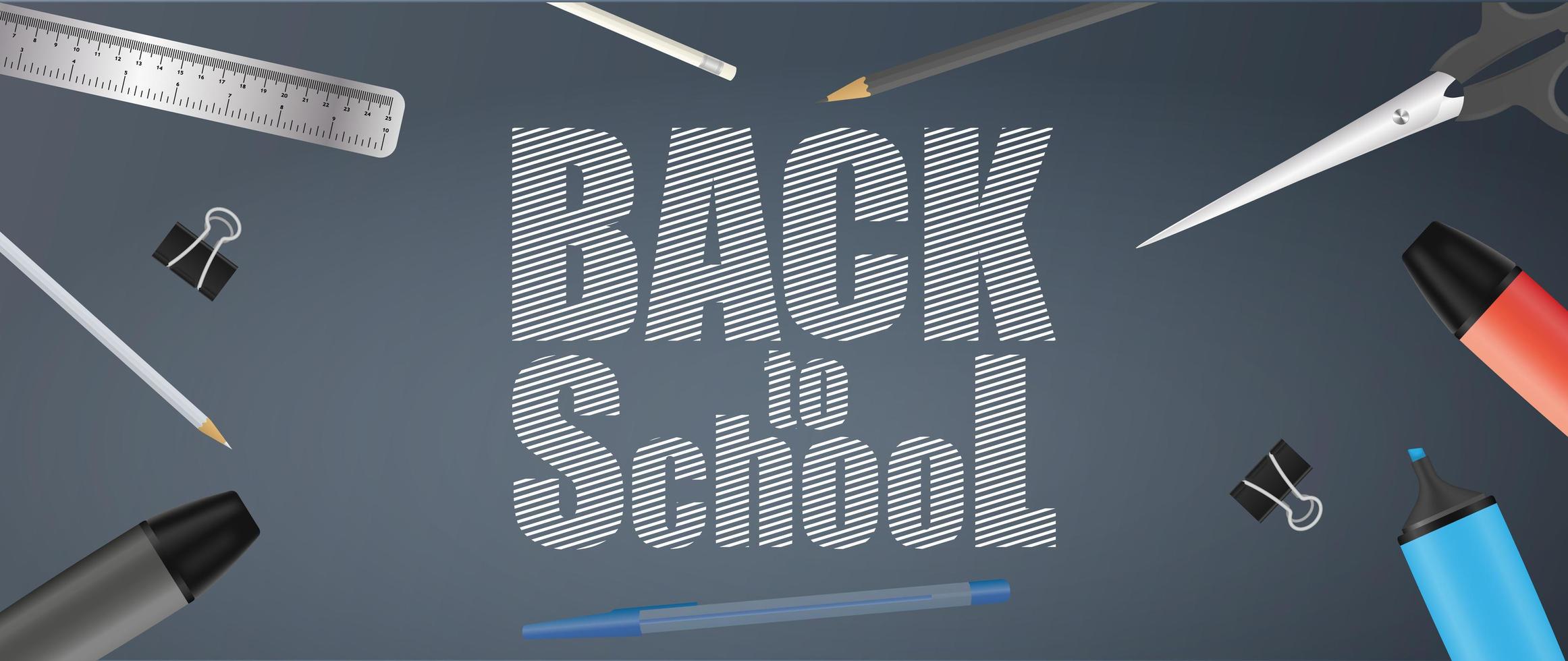 Back to school grey banner. School supplies, pen, pencil, marker, ruler, scissors, paper clip. Vector. vector