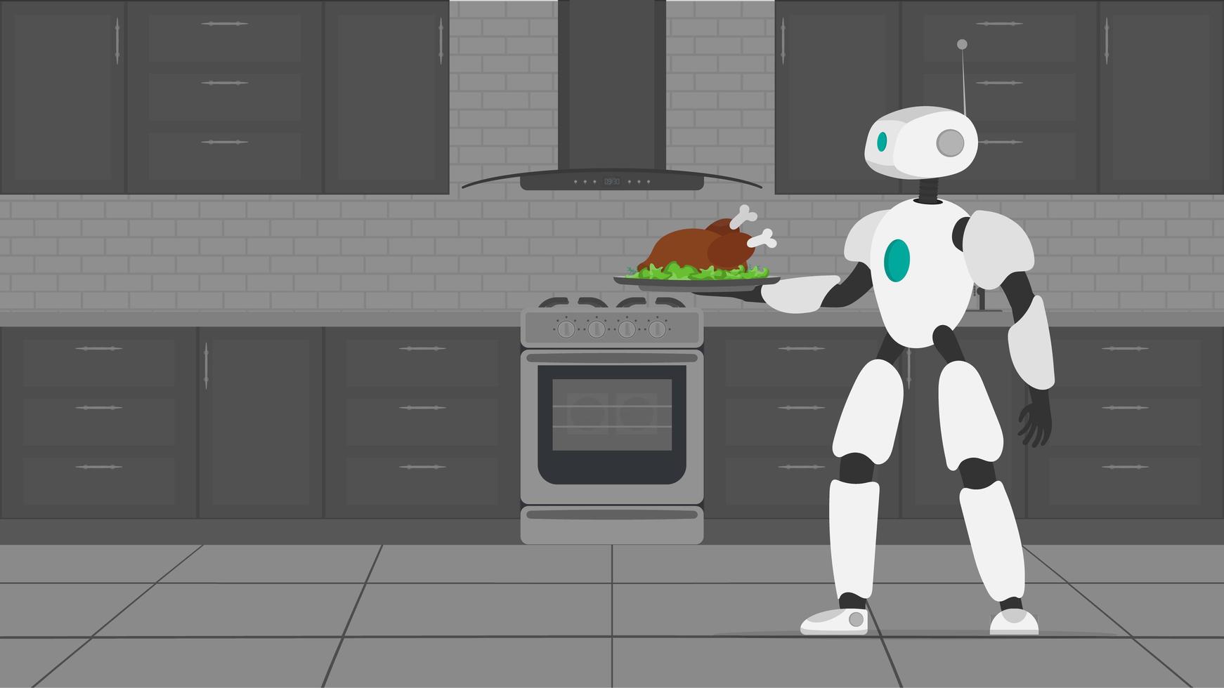 el robot sostiene una bandeja de metal con carne frita. camarero robot. el concepto de futuros trabajadores del café. vector. vector