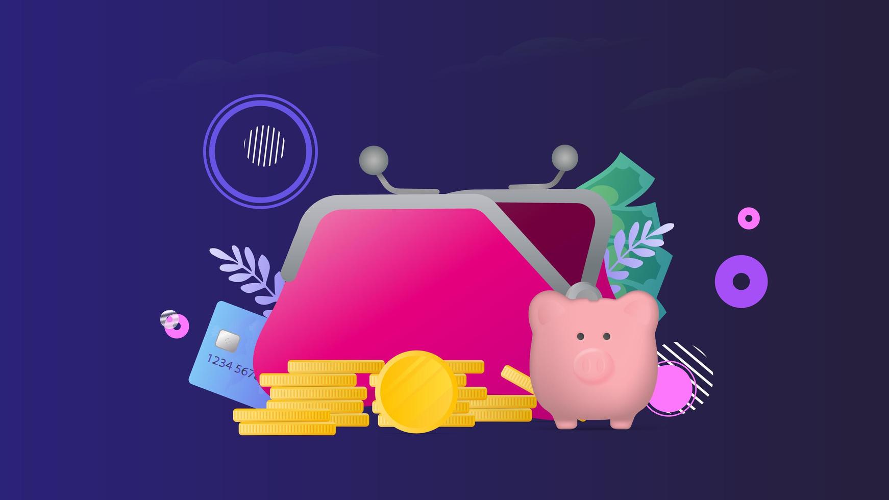 Banner on the theme of finance. Big wallet, credit card, gold coins, dollars. Concept of saving money, cashback or wealth. Vector. vector