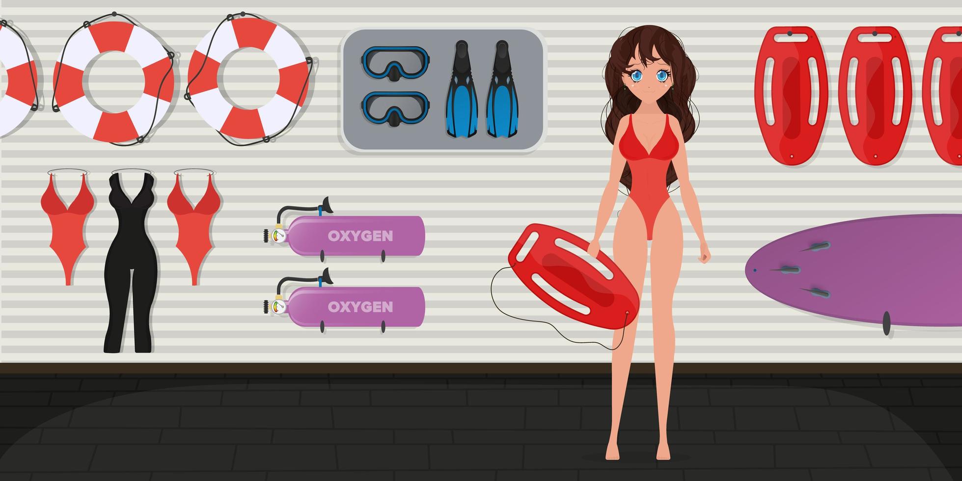 una chica en traje de baño rojo sostiene un tablero de vida. mujer salvavidas en la sala de salvavidas. estilo de dibujos animados. vector