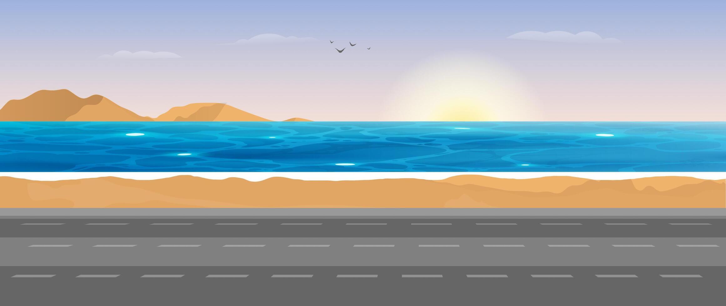 Sea view. Rescue tower on the beach. Tourist trip. Scene of the road to the sea. Vector illustration.