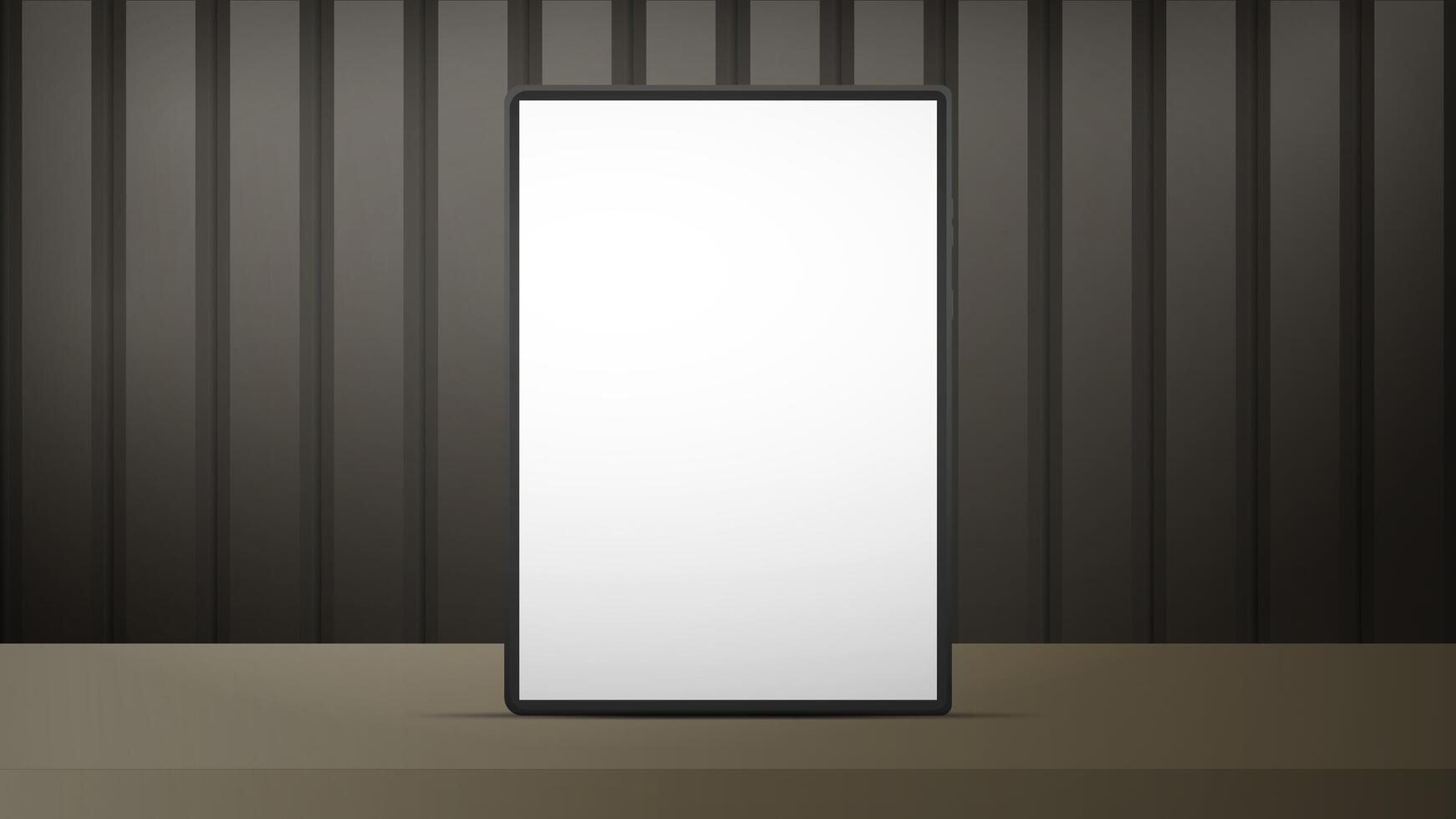 una tableta con una pantalla blanca está sobre la mesa. Fondo de cartel realista marrón rayado con metal o madera brillante. vector realista.