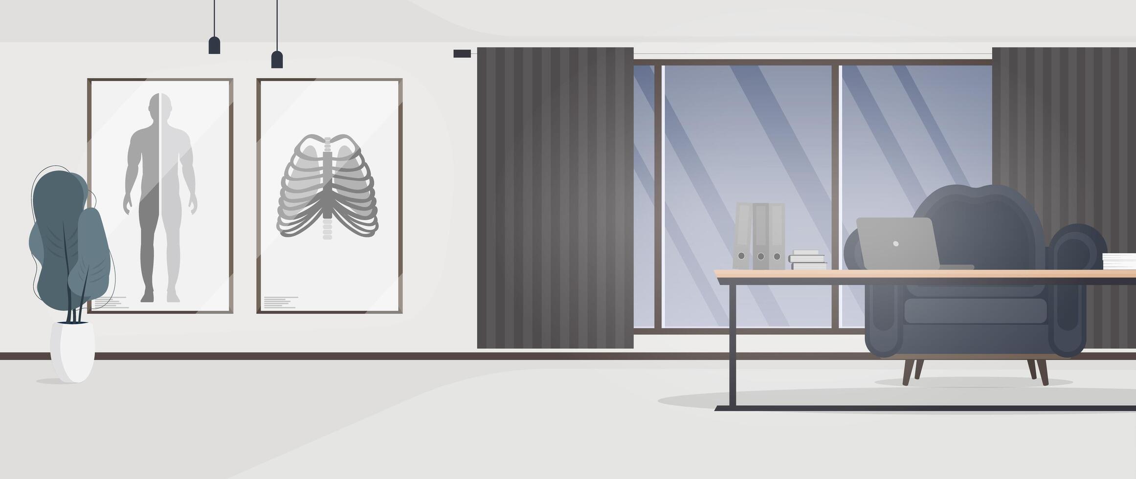 An office with a desk and a chair vector