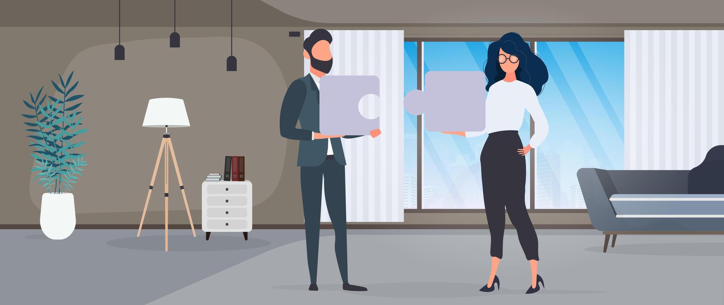 The guy and the girl are holding puzzle pieces. The woman and the man are putting together a puzzle. Office. The concept of teamwork, living together or understanding. . vector