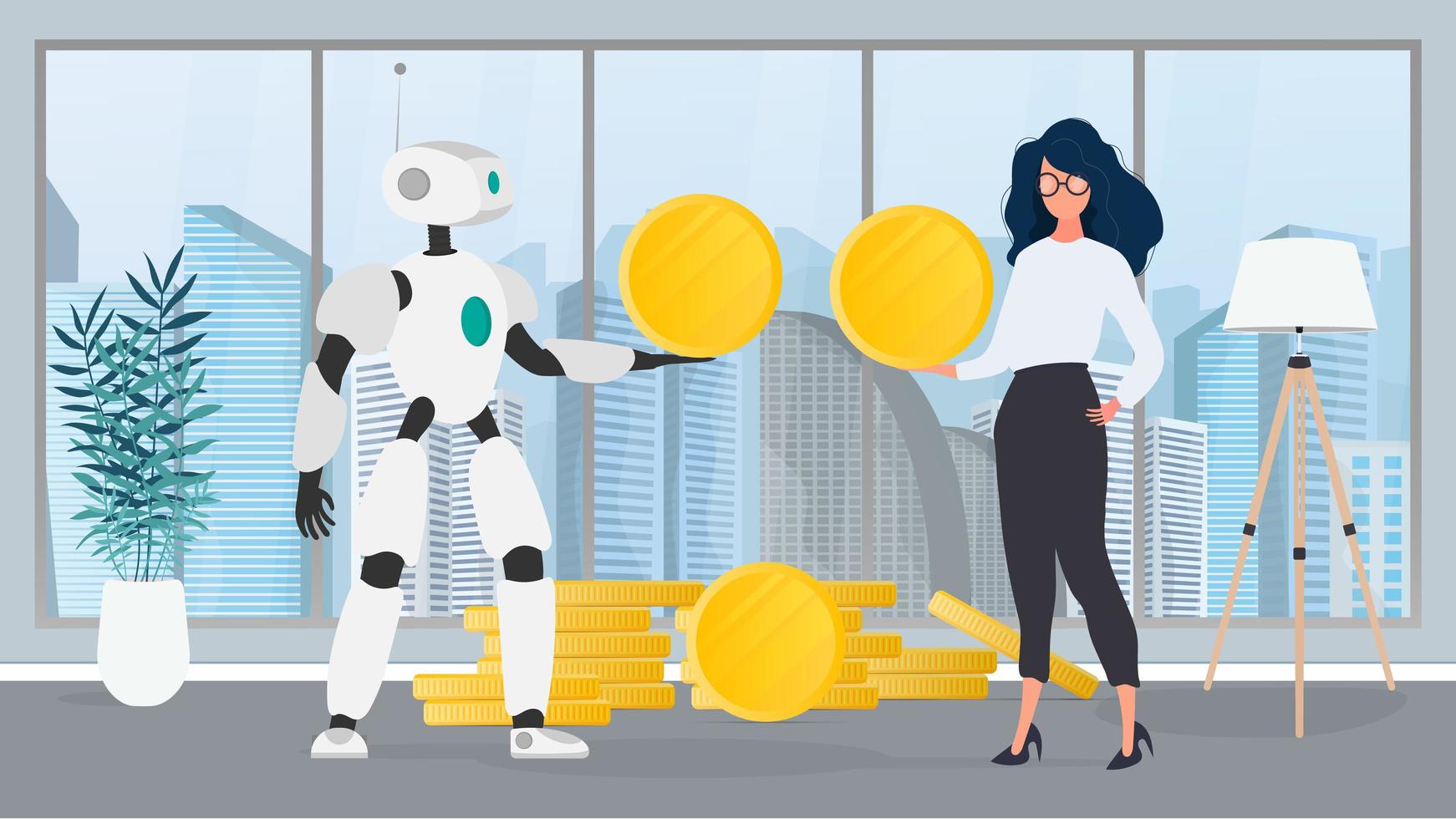 The robot gives a gold coin to the girl. The robot brings profit to the business. Vector. vector