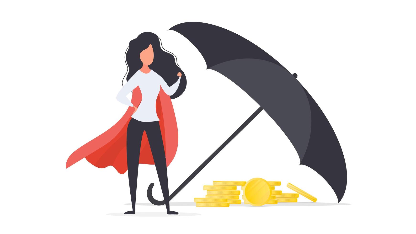 Girl with a red cloak. The umbrella covers a mountain of gold coins. Business and finance safety concept. Isolated. . vector
