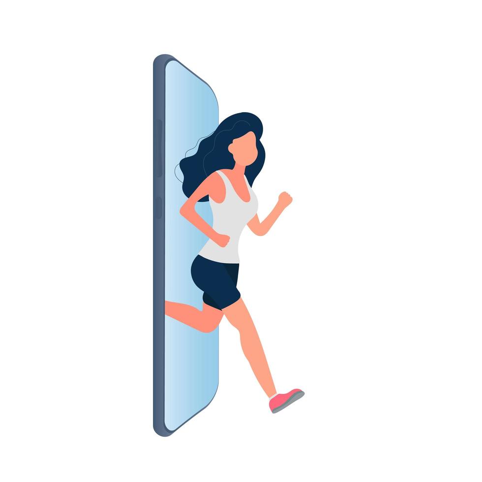 Girl running out from a smartphone. The concept of ban devices, free zone devices, digital detox. Isolated. Vector. vector