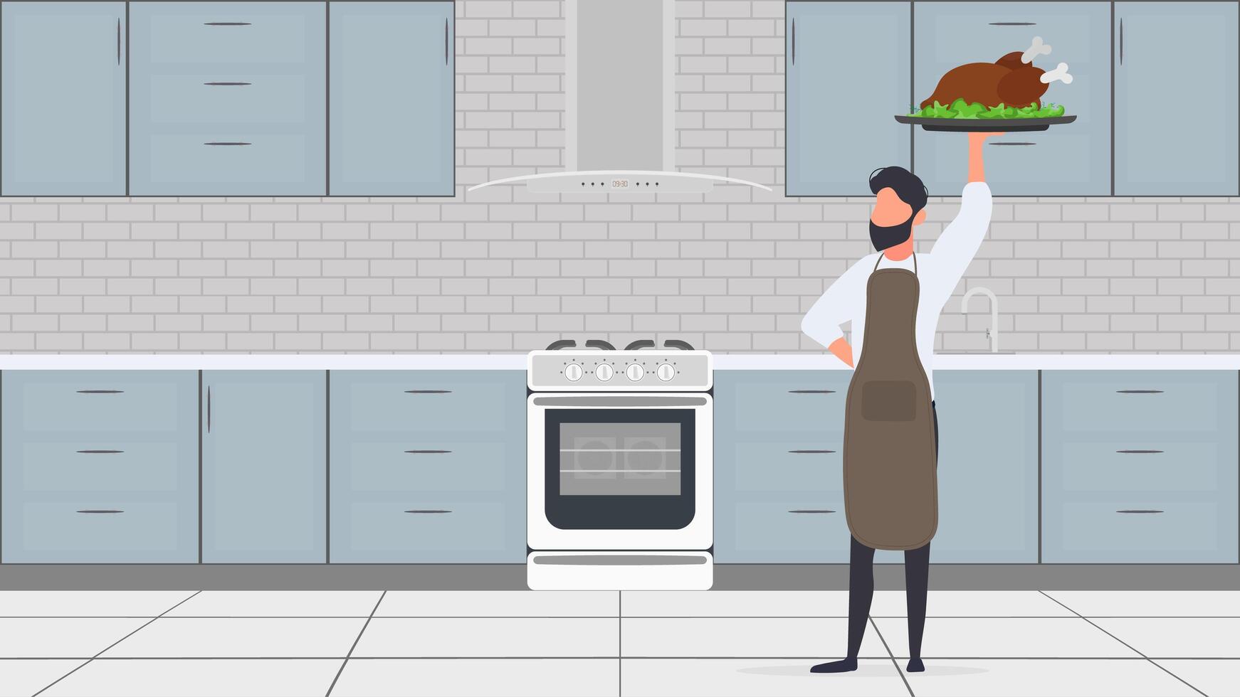 A man holding a turkey on a tray in the kitchen vector