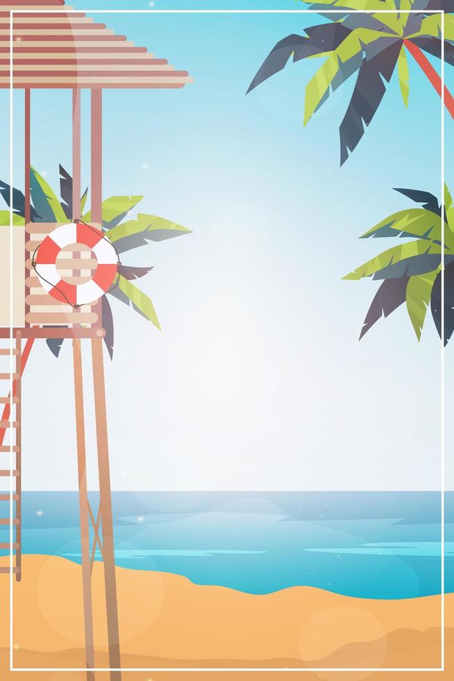 Beach with lifeguard post in cartoon style. Vertical banner Vector. vector