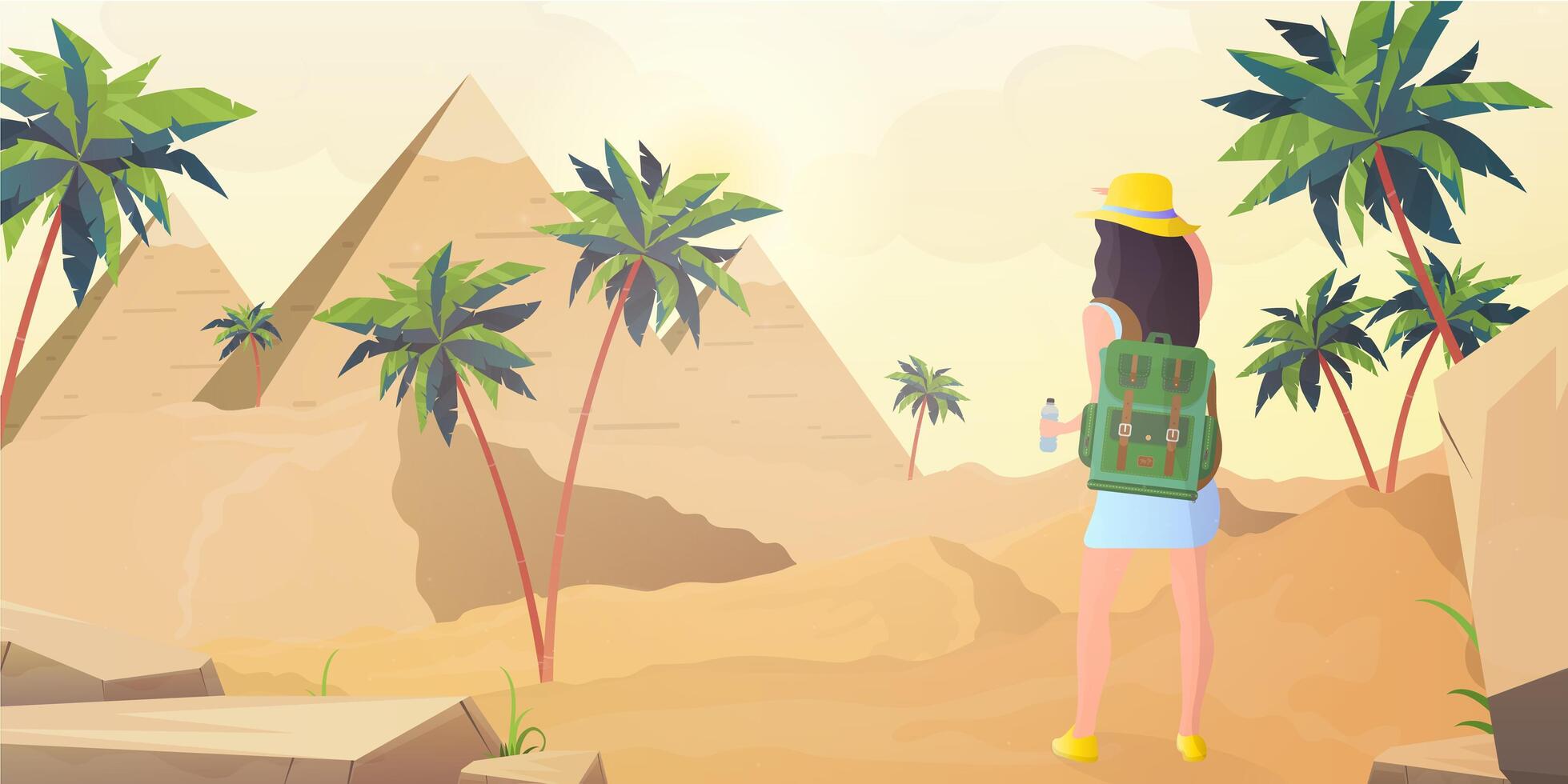 A woman with a backpack is standing in front of a pyramid vector