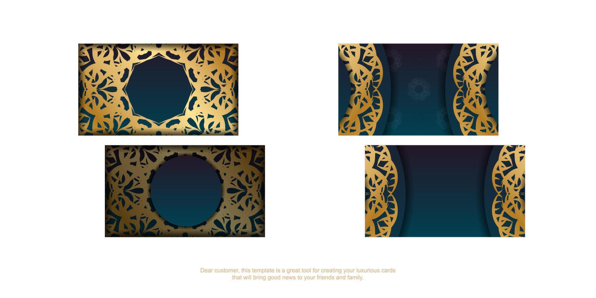 Blue gradient business card with luxury gold pattern for your brand. vector