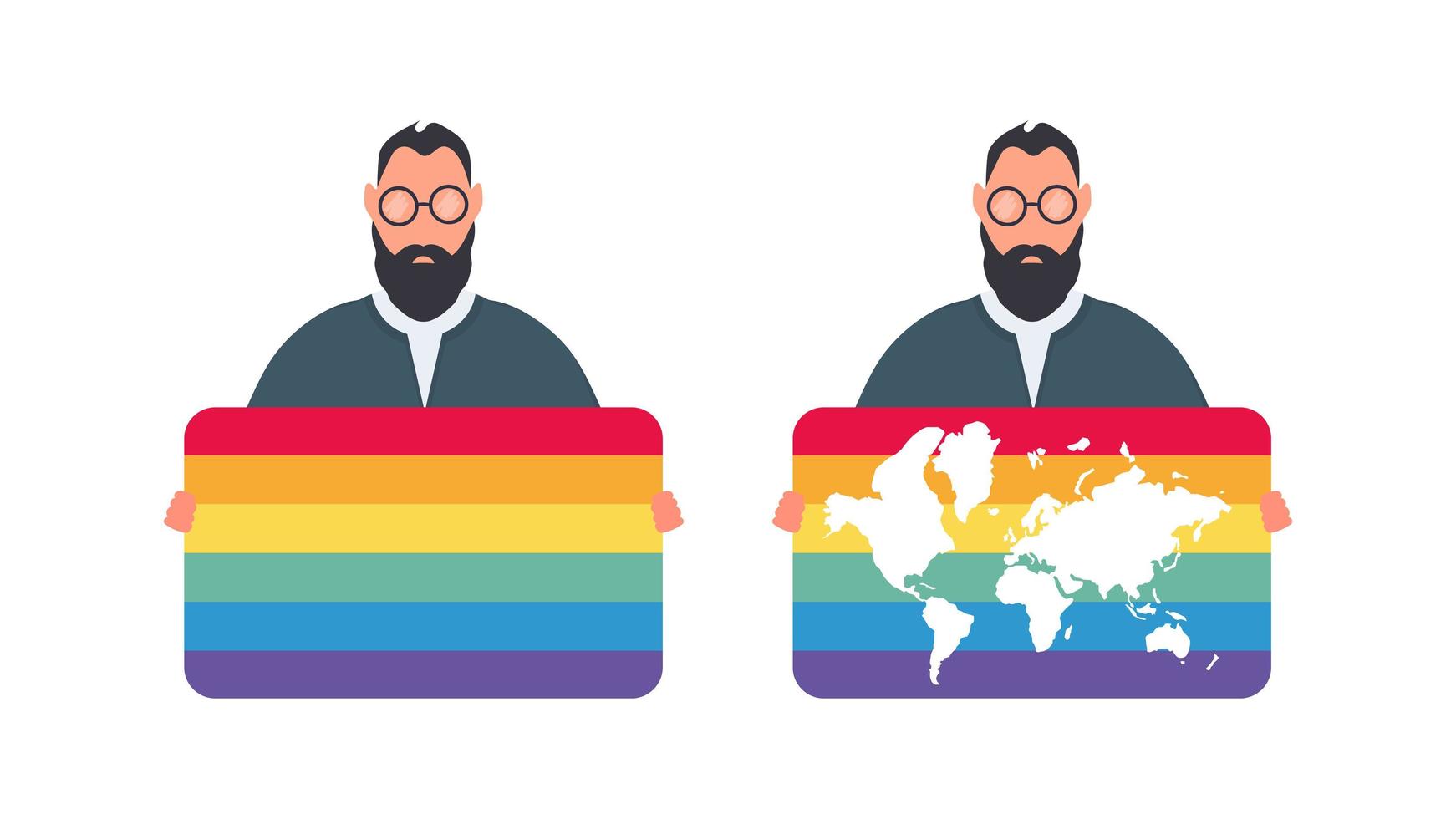 un hombre sosteniendo una bandera lgbt. el chico sostiene una pancarta con color lgbt. vector. vector