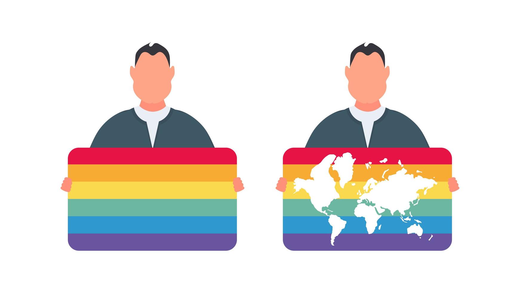 un hombre sosteniendo una bandera lgbt. el chico sostiene una pancarta con color lgbt. vector. vector