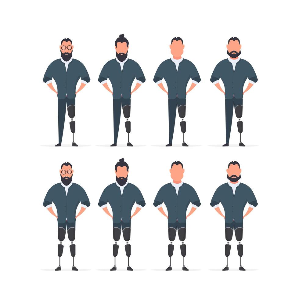 A set of men with prosthetic legs. People with disabilities. Vector. vector